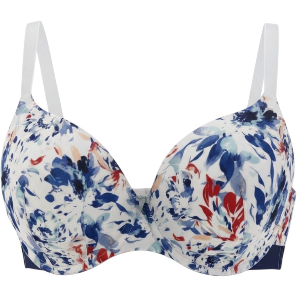 Cacique Lightly Lined Balconette Bra 38DD Blue Red Floral Abstract Underwire